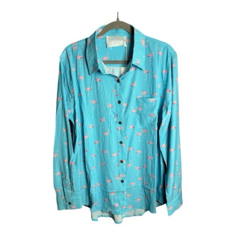 Vacate the Label Blue Flamingo Print Button Down Blouse Large